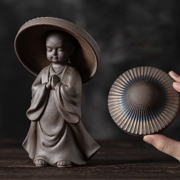 Buddha Stones Little Brown Monk Hat Strainer Ceramic Tea Accessories Figurine Zen Home Desk Decoration Decorations BS 5