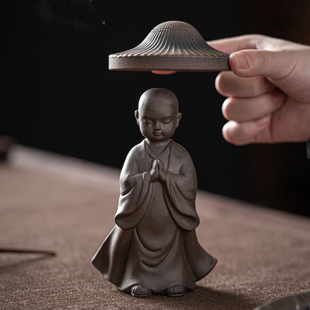 Buddha Stones Little Brown Monk Hat Strainer Ceramic Tea Accessories Figurine Zen Home Desk Decoration Decorations BS 3