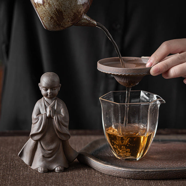 Buddha Stones Little Brown Monk Hat Strainer Ceramic Tea Accessories Figurine Zen Home Desk Decoration Decorations BS 4