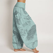 Buddha Stones Casual Peacock Peony Flower Women's Elastic Waist Harem Pants Women's Harem Pants BS 5