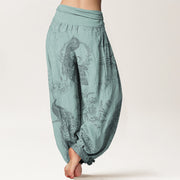 Buddha Stones Casual Peacock Peony Flower Women's Elastic Waist Harem Pants Women's Harem Pants BS 6