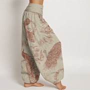 Buddha Stones Casual Peacock Peony Flower Women's Elastic Waist Harem Pants Women's Harem Pants BS 1