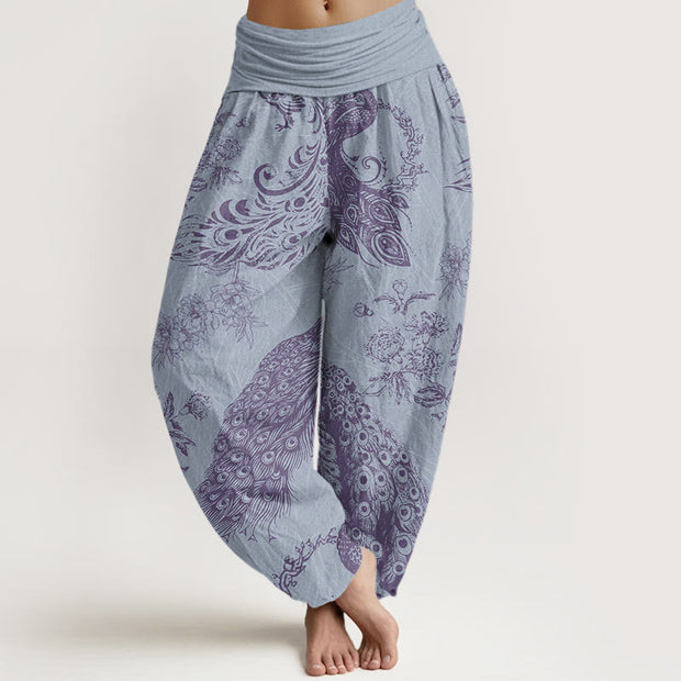 Buddha Stones Casual Peacock Peony Flower Women's Elastic Waist Harem Pants