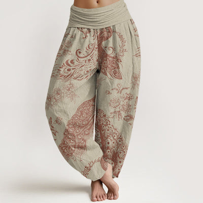 Buddha Stones Casual Peacock Peony Flower Women's Elastic Waist Harem Pants