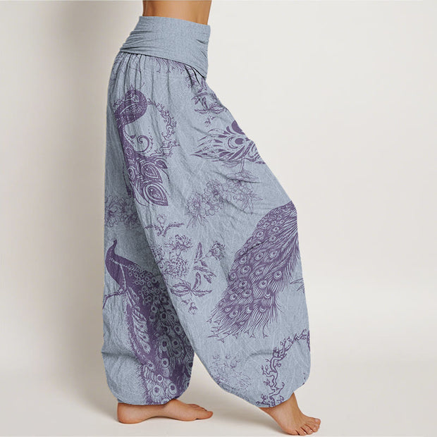 Buddha Stones Casual Peacock Peony Flower Women's Elastic Waist Harem Pants Women's Harem Pants BS 8