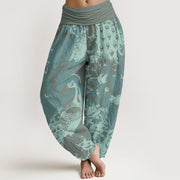 Buddha Stones Casual Peacock Grassland Women's Elastic Waist Harem Pants