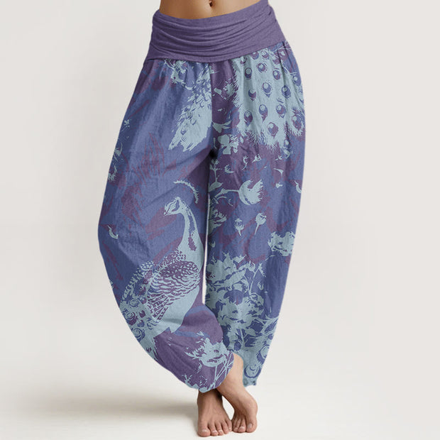 Buddha Stones Casual Peacock Grassland Women's Elastic Waist Harem Pants Women's Harem Pants BS SlateBlue US22，UK/AU26，EU54 (6XL)