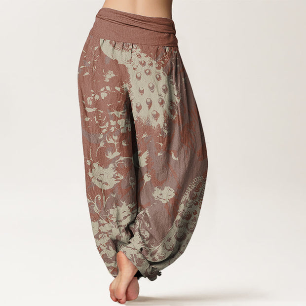 Buddha Stones Casual Peacock Grassland Women's Elastic Waist Harem Pants Women's Harem Pants BS 9