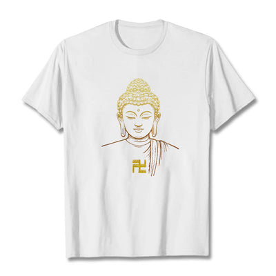 Buddha Stones Swastika Pattern Golden Buddha Cotton Tee T-shirt T-Shirts BS White 2XL