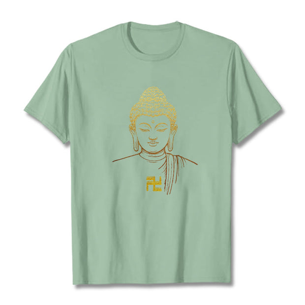 Buddha Stones Swastika Pattern Golden Buddha Cotton Tee T-shirt T-Shirts BS PaleGreen 2XL