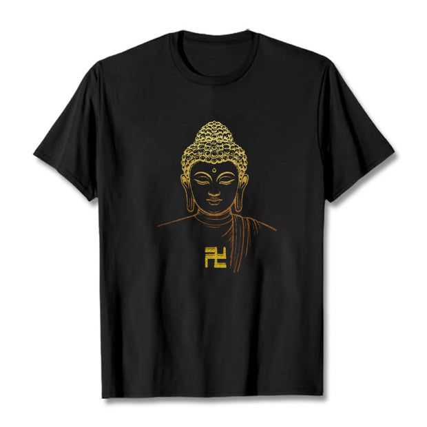 Buddha Stones Swastika Pattern Golden Buddha Cotton Tee T-shirt T-Shirts BS Black 2XL