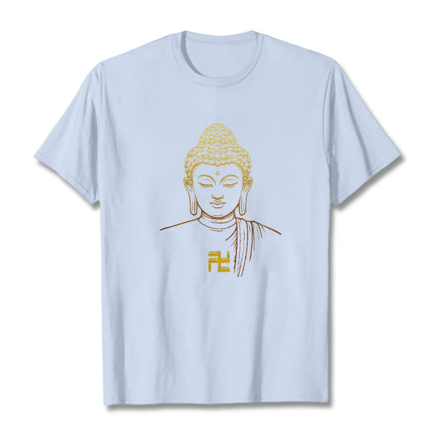 Buddha Stones Swastika Pattern Golden Buddha Cotton Tee T-shirt T-Shirts BS LightCyan 2XL