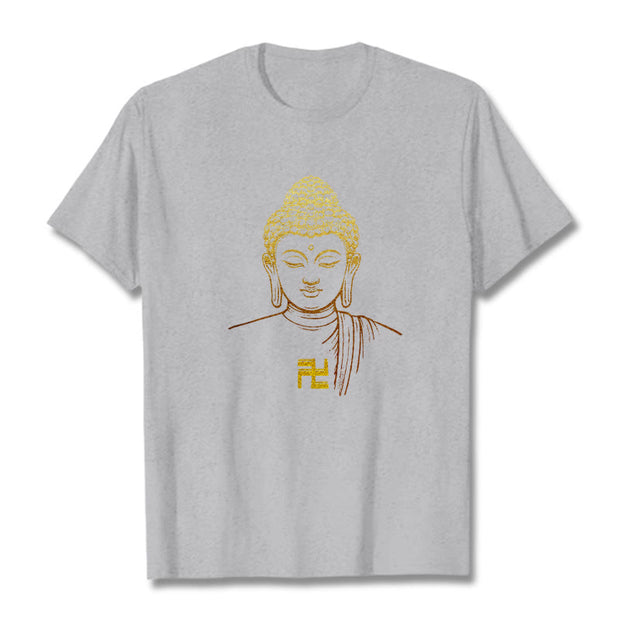 Buddha Stones Swastika Pattern Golden Buddha Cotton Tee T-shirt T-Shirts BS LightGrey 2XL