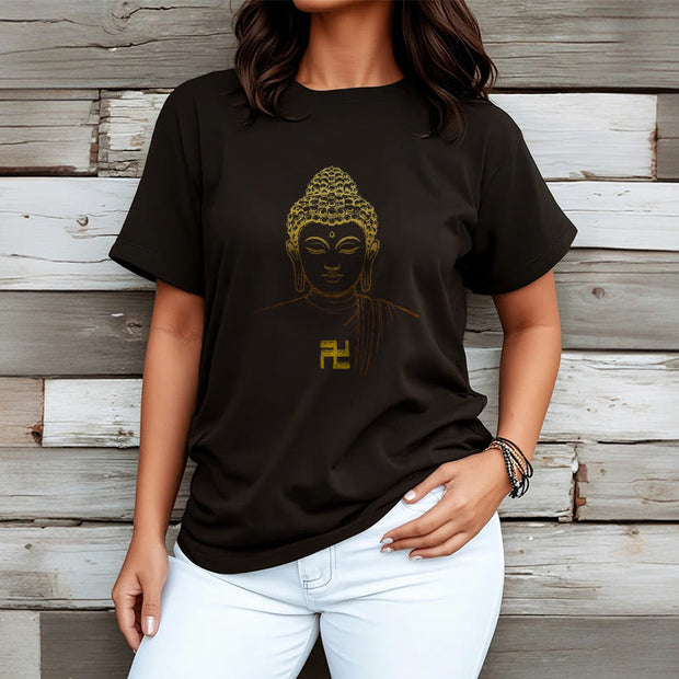 Buddha Stones Swastika Pattern Golden Buddha Cotton Tee T-shirt T-Shirts BS 7