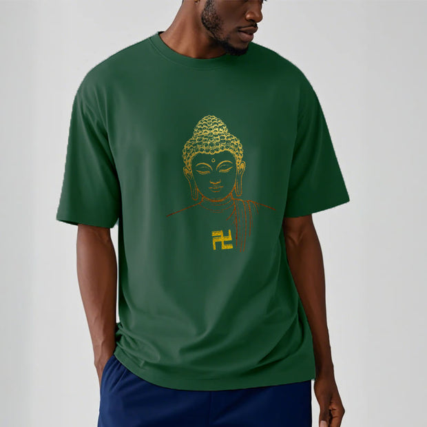 Buddha Stones Swastika Pattern Golden Buddha Cotton Tee T-shirt T-Shirts BS 9