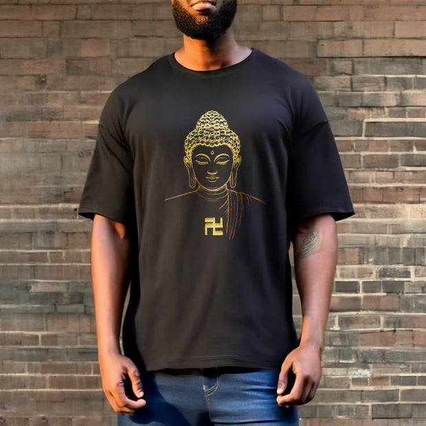 Buddha Stones Swastika Pattern Golden Buddha Cotton Tee T-shirt T-Shirts BS 6