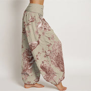 Buddha Stones Casual Peacock Perched On Branch Petals Women's Elastic Waist Harem Pants