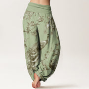 Buddha Stones Casual Peacock Perched On Branch Petals Women's Elastic Waist Harem Pants Women's Harem Pants BS 9