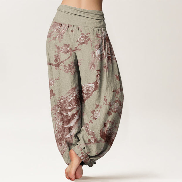 Buddha Stones Casual Peacock Perched On Branch Petals Women's Elastic Waist Harem Pants Women's Harem Pants BS 2