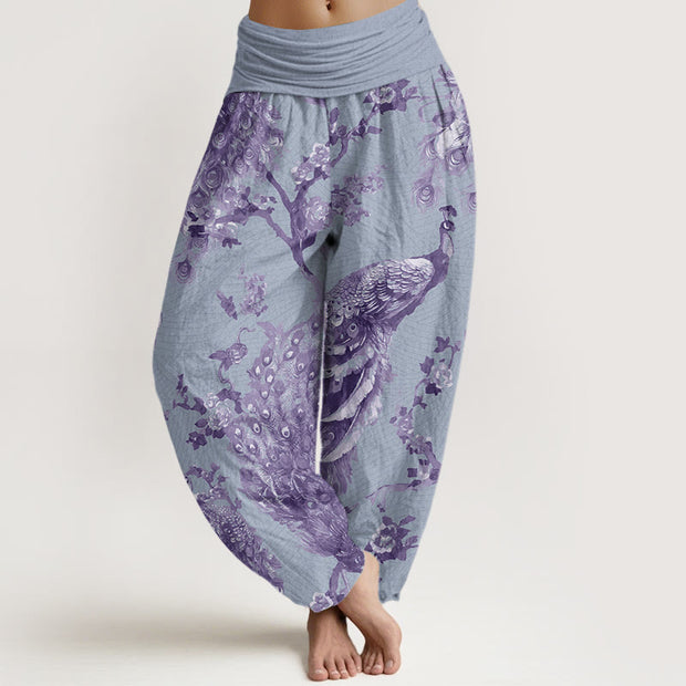 Buddha Stones Casual Peacock Perched On Branch Petals Women's Elastic Waist Harem Pants Women's Harem Pants BS LightSteelBlue US22，UK/AU26，EU54 (6XL)