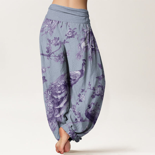 Buddha Stones Casual Peacock Perched On Branch Petals Women's Elastic Waist Harem Pants Women's Harem Pants BS 6