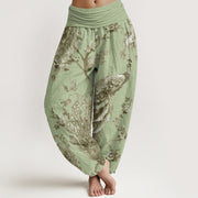 Buddha Stones Casual Peacock Perched On Branch Petals Women's Elastic Waist Harem Pants Women's Harem Pants BS LightGreen US22，UK/AU26，EU54 (6XL)