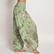 Buddha Stones Casual Peacock Perched On Branch Petals Women's Elastic Waist Harem Pants Women's Harem Pants BS 8