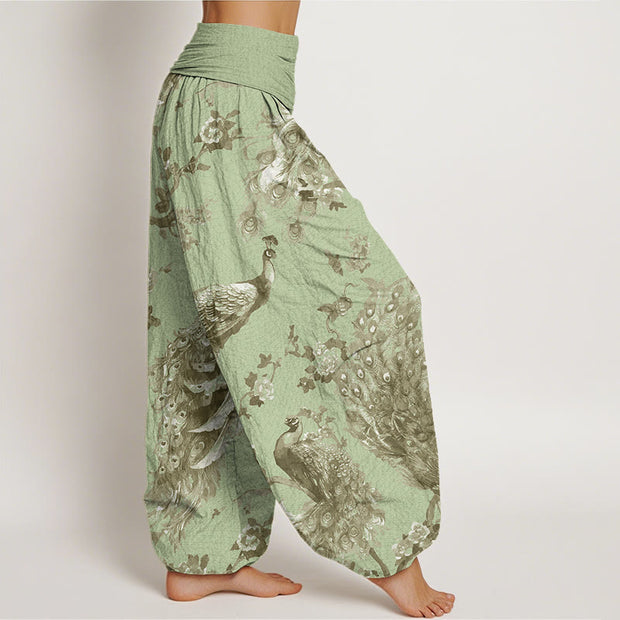 Buddha Stones Casual Peacock Perched On Branch Petals Women's Elastic Waist Harem Pants Women's Harem Pants BS 8