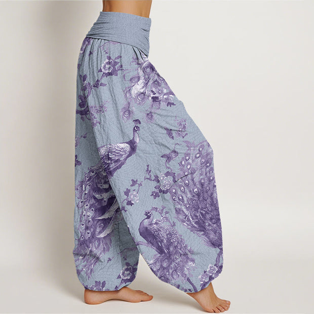 Buddha Stones Casual Peacock Perched On Branch Petals Women's Elastic Waist Harem Pants Women's Harem Pants BS 5