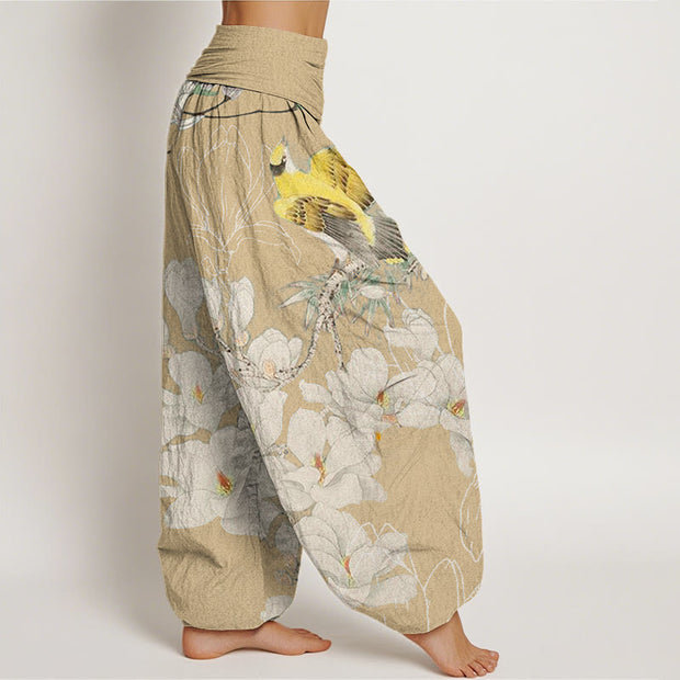 Buddha Stones Casual Magnolia Yellow Bird Women's Elastic Waist Harem Pants