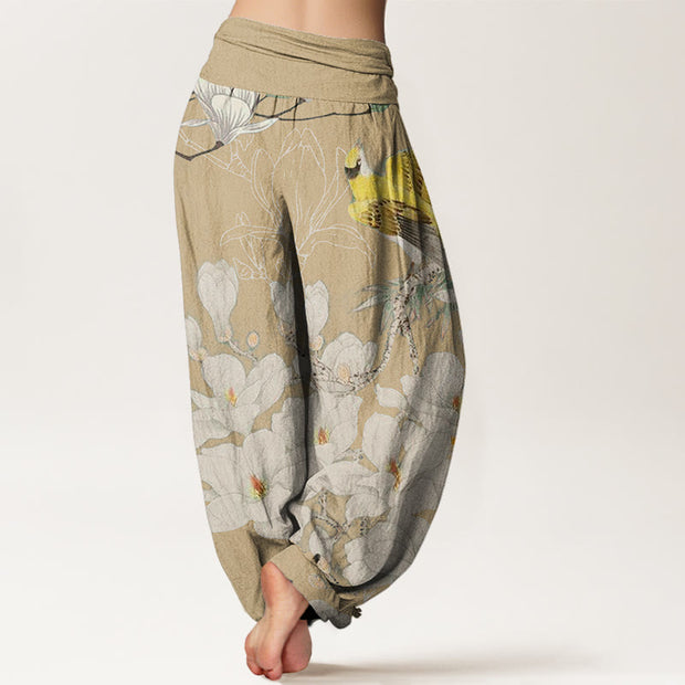 Buddha Stones Casual Magnolia Yellow Bird Women's Elastic Waist Harem Pants