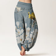 Buddha Stones Casual Magnolia Yellow Bird Women's Elastic Waist Harem Pants