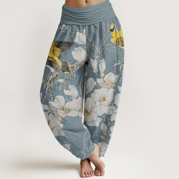 Buddha Stones Casual Magnolia Yellow Bird Women's Elastic Waist Harem Pants