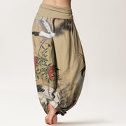 Buddha Stones Casual Red-crowned Crane Pine Tree Mountain Women's Elastic Waist Harem Pants Women's Harem Pants BS 2