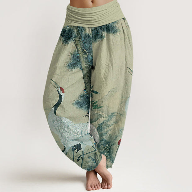 Buddha Stones Casual Red-crowned Crane Pine Tree Mountain Women's Elastic Waist Harem Pants Women's Harem Pants BS DarkSeaGreen US22，UK/AU26，EU54 (6XL)