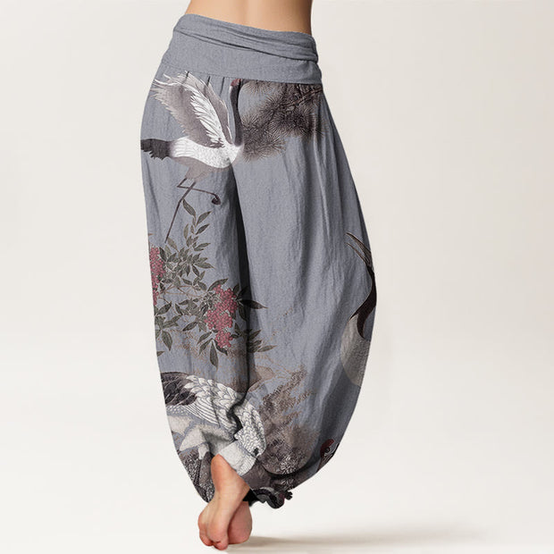 Buddha Stones Casual Red-crowned Crane Pine Tree Mountain Women's Elastic Waist Harem Pants Women's Harem Pants BS 9