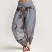 Buddha Stones Casual Red-crowned Crane Pine Tree Mountain Women's Elastic Waist Harem Pants