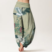 Buddha Stones Casual Red-crowned Crane Pine Tree Mountain Women's Elastic Waist Harem Pants Women's Harem Pants BS 6