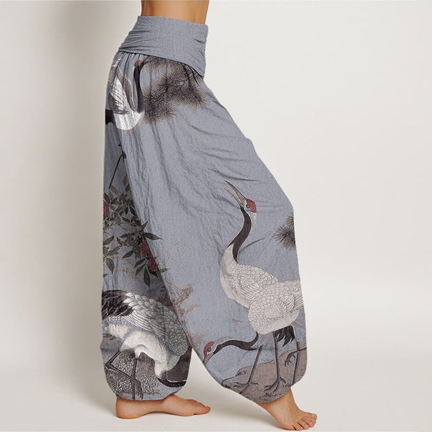 Buddha Stones Casual Red-crowned Crane Pine Tree Mountain Women's Elastic Waist Harem Pants