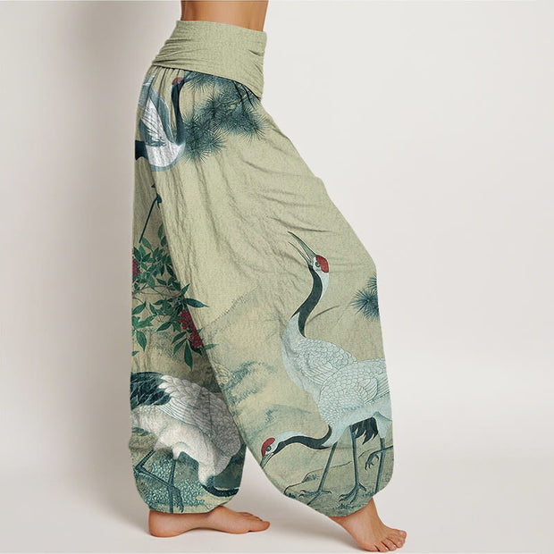 Buddha Stones Casual Red-crowned Crane Pine Tree Mountain Women's Elastic Waist Harem Pants Women's Harem Pants BS 5