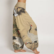 Buddha Stones Casual Red-crowned Crane Pine Tree Mountain Women's Elastic Waist Harem Pants Women's Harem Pants BS 1