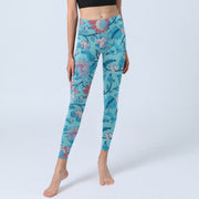 Buddha Stones Blue Red Flowers Leaves Print Gym Leggings Women's Yoga Pants - image 6