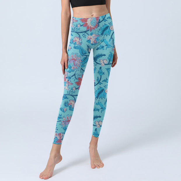 Buddha Stones Blue Red Flowers Leaves Print Gym Leggings Women's Yoga Pants - image 6
