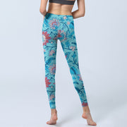 Buddha Stones Blue Red Flowers Leaves Print Gym Leggings Women's Yoga Pants - image 7