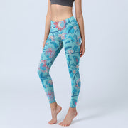 Buddha Stones Blue Red Flowers Leaves Print Gym Leggings Women's Yoga Pants - SkyBlue - US18，UK/AU22，EU50 (4XL) - image 1
