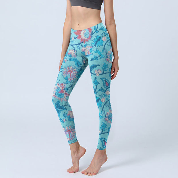 Buddha Stones Blue Red Flowers Leaves Print Gym Leggings Women's Yoga Pants - SkyBlue - US18，UK/AU22，EU50 (4XL) - image 1