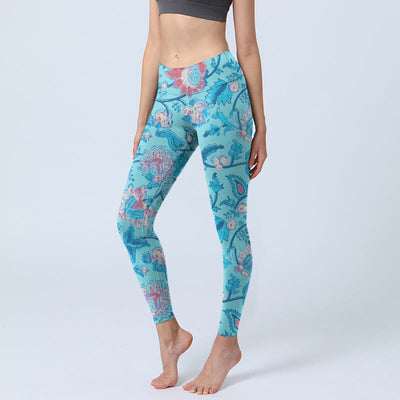 Buddha Stones Blue Red Flowers Leaves Print Gym Leggings Women's Yoga Pants