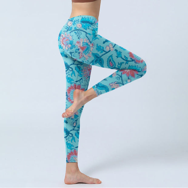 Buddha Stones Blue Red Flowers Leaves Print Gym Leggings Women's Yoga Pants - image 4