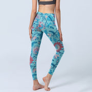 Buddha Stones Blue Red Flowers Leaves Print Gym Leggings Women's Yoga Pants