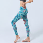 Buddha Stones Blue Red Flowers Leaves Print Gym Leggings Women's Yoga Pants